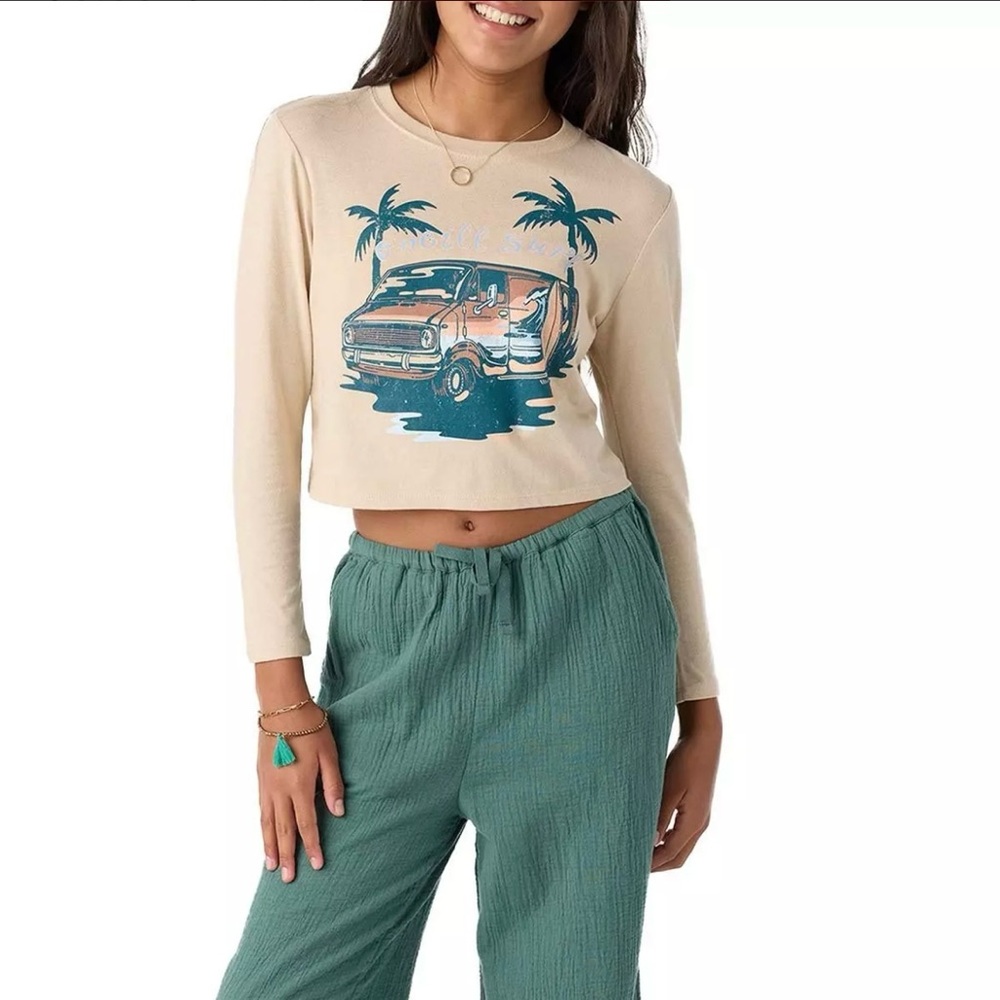 O'Neill Tan Long Sleeve Tee with Beach Graphic Girls size XL OBX‎